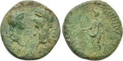 LYDIA. Tralles (as Caesarea). Claudius with Messalina and Britannicus (41-54). Ae. Obv: TI KΛAY KAI CЄBAC. Bust of Messalina and laureate head of Claudius facing one another. Rev: BPETANNIKOΣ KAIΣAPEΩ