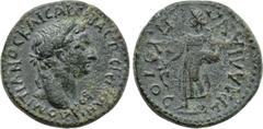 LYDIA. Tralles. Domitian (81-96). Ae. Obv: ΔOMITIANOC KAICAP CЄBACTOC ΓЄPMANI / KOC. Laureate head right. Rev: TPAΛΛIANΩN ΠΥΘIOC. Apollo standing left, holding branch and lyre. RPC II 1096.10 (this co