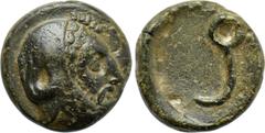 LYDIA. Autophradates (Satrap, 392-388 and 380-355 BC). Ae Chalkous. Obv: Bearded head right, wearing kyrbasia. Rev: Monoskelis (or tamgha?). Winzer 11.7. Condition: Very fine. Weight: 1.21 g. Diameter