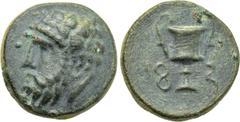 LYDIA. Sardes? Ae (4th century BC). Obv: Head of Dionysos left, wearing ivy wreath. Rev: Kantharos; F - S (in Lydian) across field. Vögtli, Pergamon, 524; CNG 100, lot 1487; Gitbud & Naumann 34, lot 1
