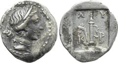 LYCIA. Lycian League. Kragos. 1/4 Drachm (Circa 48-27 BC). Obv: Head of Artemis right, with bow and quiver over shoulder. Rev: A - Y / K - P. Quiver; filleted palm frond to left; all within incuse squ