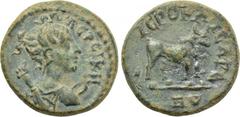 LYDIA. Hierocaesarea. Pseudo-autonomous. Time of Trajan to Hadrian (98-138). Ae. Obv: ???????. Draped bust of Artemis Persica right, with quiver over shoulder; bow to right. Rev: ?????????????. Bull s
