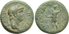 LYDIA. Maeonia. Nero (54-68). Ae. Menekrates, strategos. Obv: N?P?N KAICAP. Laureate head right. Rev: MAION?N MENEKPATOYC / ?? TI K?. Mên standing left, holding pine cone and sceptre. RPC I 3015; BMC 