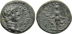 LYDIA. Philadelphia. Titus (Caesar, 69-79). Ae. Herodes and Polemaios, epimelethentes. Obv: TITOC KAICAP. Laureate head right. Rev: ??ABI ????????E?N. Facing female statue, with supports; lion to left
