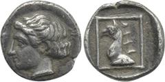Greek Coins WESTERN ASIA MINOR. Uncertain. Hemiobol (4th century BC). Obv: Female head left. Rev: Head and neck of griffin left within linear square border. CNG E-378, lot 160; Numismatik Naumann 40, 