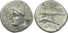 Greek Coins PAPHLAGONIA. Sinope. Drachm (Circa 330-300 BC). Phagetas, magistrate. Obv: Head of nymph left, with hair in sakkos; aplustre to left. Rev: ΦΑΓETA / ΣINΩ. Sea-eagle standing left, with wing