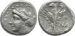 Greek Coins PAPHLAGONIA. Sinope. Hemidrachm (Circa 330-250 BC). Obv: Head of nymph left, with hair in sakkos. Rev: ΣI - NΩ. Eagle facing, head left, with wings spread; A to right. SNG BM Black Sea 149