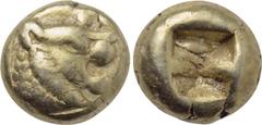 Greek Coins KINGS OF LYDIA. Time of Alyattes to Kroisos (Circa 620/10-550/39 BC). EL Hemihekte. Sardes. Obv: Head of roaring lion right, with star on forehead. Rev: Incuse square punch. Weidauer 90; T