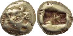 Greek Coins KINGS OF LYDIA. Time of Alyattes to Kroisos (Circa 620/10-550/39 BC). EL Trite or 1/3 Stater. Sardes. Obv: Head of roaring lion right, with star on forehead. Rev: Two incuse square punches