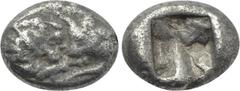 Greek Coins KINGS OF LYDIA. Kroisos (Circa 564/53-550/39 BC). 1/12 Stater. Sardes. Obv: Confronted foreparts of lion and bull. Rev: Incuse square punch. Berk 26-7; Traité I 413; SNG Kayhan I 1020-1. C