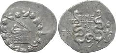 Greek Coins LYDIA. Tralleis. Cistophor (Circa 166-67 BC). Time-, prytanis. Obv: Cista mystica with serpent; all within ivy wreath. Rev: TPAΛ / TIME. Bowcase between two serpents. Control: Cult statue 