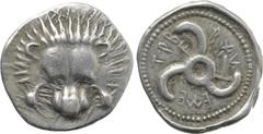 Greek Coins DYNASTS OF LYCIA. Trbbenimi (Circa 390-370 BC). 1/3 Stater. Wedrẽi. Obv: Facing scalp of lion. Rev: Triskeles within incuse circle; two Lycian letters in field. Müseler VIII.13; SNG von Au