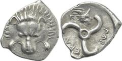 Greek Coins DYNASTS OF LYCIA. Perikles (Circa 380-360 BC). 1/3 Stater. Uncertain mint. Obv: Facing scalp of lion. Rev: Triskeles; above, head of Hermes right, wearing winged petasos; all within incuse