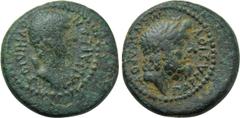 Roman Provincial Coins LYDIA. Tralles (as Caesarea). Vedius Pollio (Legate of Asia, circa 29/8-27 BC). Ae. Menandros, son of Parrhasios, magistrate. Obv: OYHIΔIOΣ KAIΣAPEΩN. Bare head of Vedius Pollio
