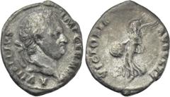 Roman Imperial Coins VITELLIUS (69). Denarius. Lugdunum. Obv: A VITELLIVS IMP GERMAN. Laureate head right; globe to lower right. Rev: VICTORIA AVGVSTI. Victory advancing left, holding shield inscribed