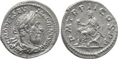 Roman Imperial Coins MACRINUS (217-218). Denarius. Rome. Obv: IMP C M OPEL SEV MACRINVS AVG. Laureate and draped bust right. Rev: P M TR P II COS P P. Macrinus seated left on curule chair, holding glo
