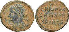 Roman Imperial Coins CRISPUS (Caesar, 316-326). Follis. Antioch. Obv: Laureate, draped and cuirassed bust left. Rev: CRISPVS / CAESAR / SMANTB. Legend in three lines; star above, pellet below. RIC 58.