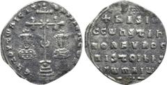 Byzantine Coins BASIL II BULGAROKTONOS with CONSTANTINE VIII (976-1025). Miliaresion (989-1025). Constantinople. Obv: ЄҺ TOVTω ҺICAT ЬASILЄI C CωҺST. Cross crosslet with central X and pellet-in-cresce