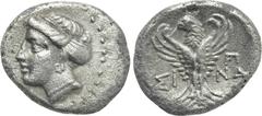 Greek Coins PAPHLAGONIA. Sinope. Hemidrachm (Late 4th-3rd century BC). Obv: Head of nymph left, with hair in sakkos. Rev: ΣΙ - ΝΩ. Eagle facing, head left, with wings spread. SNG BM Black Sea 1496-7; 