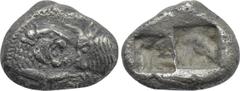 Greek Coins KINGS OF LYDIA. Time of Cyrus to Darios I (Circa 550/39-520 BC). Siglos or Half Stater. Sardes. Obv: Confronted foreparts of lion and bull. Rev: Two incuse square punches. Berk 22; Traité 