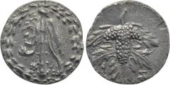 Greek Coins LYDIA. Sardes. Cistaphoric Didrachm (Circa 166-67 BC). Obv: Club draped with lion skin; all within wreath. Rev: Grape bunch within leaves. Controls: Thyrsos to lower left, monogram to lowe