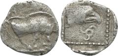 Greek Coins DYNASTS OF LYCIA. Uncertain dynast (Circa 500-440 BC). Hemiobol. Uncertain mint. Obv: Boar standing right. Rev: Head of eagle right; triskeles below; all within pelleted linear square bord