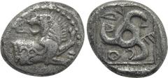 Greek Coins DYNASTS OF LYCIA. Kuprlli (Circa 470-440 BC). Tetrobol. Uncertain mint. Obv: Forepart of lion right, head left; triskeles on flank. Rev: Triskeles within linear square border; all within i