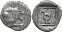 Greek Coins DYNASTS OF LYCIA. Kuprlli (Circa 470-440 BC). Diobol. Uncertain mint. Obv: Forepart of lion right. Rev: Triskeles within pelleted linear square border; all within incuse square. Müseler -;