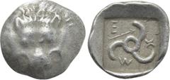 Greek Coins DYNASTS OF LYCIA. Mithrapata (Circa 390-370 BC). Diobol. Uncertain mint. Obv: Facing scalp of lion. Rev: Triskeles; arrow in field; all within incuse square. Müseler VII.86-8; SNG von Aulo