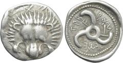 Greek Coins DYNASTS OF LYCIA. Trbbenimi (Circa 390-370 BC). Tetrobol. Wedrẽi. Obv: Facing scalp of lion. Rev: Triskeles within incuse circle; two Lycian letters in field. Müseler VIII.13; SNG von Aulo