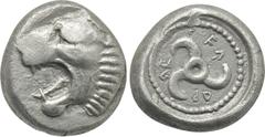 Greek Coins DYNASTS OF LYCIA. Trbbenimi (Circa 390-370 BC). Tetrobol. Wedrẽi. Obv: Head of roaring lion left. Rev: Triskeles within pelleted linear circular border; all within incuse circle. Müseler V
