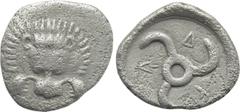 Greek Coins DYNASTS OF LYCIA. Trbbenimi (Circa 390-370 BC). Diobol. Wedrẽi. Obv: Facing scalp of lion. Rev: Triskeles within incuse circle. Cf. Müseler VIII.8-9 (stater); cf. SNG von Aulock 4231-3 (sa