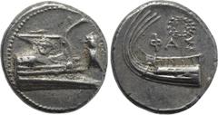 Greek Coins LYCIA. Phaselis. Stater (4th century BC). Obv: Prow of galley right, decorated with gorgoneion. Control: Upward cicada to right. Rev: ΦΑΣ. Stern of galley left, with wreath hanging from po