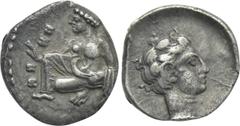 Greek Coins CILICIA. Tarsos. Tiribazos (Satrap of Lydia, 388-380 BC). Hemiobol. Obv: Young woman kneeling left, casting astragaloi. Rev: Youthful male head right. SNG BN 239; SNG Levante 65, Klein 677