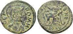 Roman Provincial Coins LYDIA. Sardis. Pseudo-autonomous (3rd century). Ae. Obv: ΘЄA PΩMH. Helmeted and draped bust of Roma right. Rev: CAPΔΙANΩN B NЄΩKOPΩN. Tmolos seated left on rocks, resting elbow 