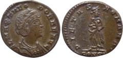 Roman Imperial Coins THEODORA (Died before 337). Ae. Constantinople. Obv: FL MAX THEODORAE AVG. Mantled bust right. Rev: PIETAS ROMANA / CONSS. Pietas standing facing, head right, holding infant in ea