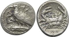 Greek Coins SICILY. Akragas. Litra (Circa 450/46-439 BC). Obv: AK / ЯА. Eagle standing left on Ionic capital. Rev: Crab; ΛI below. SNG ANS 990; HGC 2, 121. Condition: Good fine. Weight: 0.68 g. Diamet