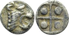 Greek Coins THRACO-MACEDONIAN REGION. Uncertain. Tetartemorion (Circa 520-470 BC). Obv: Head of roaring lion right. Rev: Quadripartite incuse square, with large pellet in each quarter. Tzamalis - (but