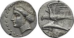 Greek Coins PAPHLAGONIA. Sinope. Drachm (Circa 330-300 BC). Agreos, magistrate. Obv: Head of nymph left, with hair in sakkos. Rev: AΓPEΩΣ / ΣINΩ. Sea-eagle standing left, with wings spread, on dolphin