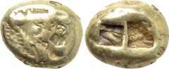 Greek Coins KINGS OF LYDIA. Time of Alyattes to Kroisos (Circa 620/10-550/39 BC). EL Trite or 1/3 Stater. Sardes. Obv: Head of roaring lion right, with star on forehead. Rev: Two incuse square punches
