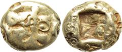 Greek Coins KINGS OF LYDIA. Time of Alyattes to Kroisos (Circa 620/10-550/39 BC). EL Hemihekte. Sardes. Obv: Head of roaring lion right, with star on forehead. Rev: Incuse square punch. Weidauer 90; T