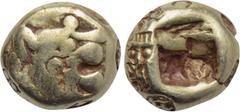 Greek Coins KINGS OF LYDIA. Time of Alyattes to Kroisos (Circa 620/10-550/39 BC). EL Hemihekte. Sardes. Obv: Head of roaring lion right, with star on forehead. Rev: Incuse square punch. Weidauer 90; T