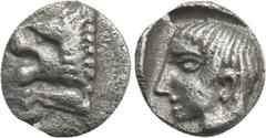 Greek Coins CARIA. Knidos. Tetartemorion (Circa 490-465 BC). Obv: Forepart of roaring lion left. Rev: Young male head left within incuse square. SNG Keckman 127. Condition: Very fine. Weight: 0.18 g. 