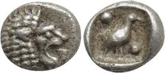 Greek Coins CARIA. Mylasa. Tetartemorion (Circa 420-390 BC). Obv: Head of roaring lion right. Rev: Bird standing right; pellet to upper left and lower right; all within incuse square. SNG Kayhan I 944