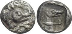 Greek Coins DYNASTS OF LYCIA. Uncertain Dynast (Circa 480/70-430 BC). Hemiobol. Obv: Forepart of boar right. Rev: Forepart of leashed hound right within incuse square. Müseler -; Falghera -; SNG Copen