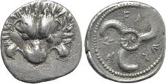 Greek Coins DYNASTS OF LYCIA. Wekhssere II (Circa 400-380 BC). Tetrobol. Tlos. Obv: Facing scalp of lion. Rev: Triskeles within incuse circle; two Lycian letters at center; all within pelleted circle 