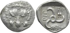 Greek Coins DYNASTS OF LYCIA. Mithrapata (Circa 390-370 BC). Diobol. Uncertain mint. Obv: Facing scalp of lion. Rev: Triskeles; astragalos in field; all within incuse square. Müseler VII.81-3; SNG von