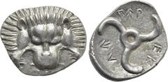 Greek Coins DYNASTS OF LYCIA. Perikles (Circa 380-360 BC). Tetrobol. Uncertain mint, possibly Limyra. Obv: Facing scalp of lion. Rev: Triskeles within incuse circle. Müseler VIII.47-51; SNG von Aulock