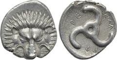 Greek Coins DYNASTS OF LYCIA. Perikles (Circa 380-360 BC). Tetrobol. Uncertain mint, possibly Limyra. Obv: Facing scalp of lion. Rev: Triskeles within incuse circle. Müseler VIII.47-51; SNG von Aulock