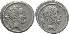 Roman Republican Coins M. JUNIUS BRUTUS (54 BC). Denarius. Rome. Obv: BRVTVS. Bare head of L. Junius Brutus right. Rev: AHALA. Bare head of C. Servilius Ahala right. Crawford 433/2. Condition: Very fi